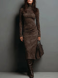 Womens turtleneck midi dress in Brown, full length front view
