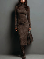 Womens turtleneck midi dress in Brown, full length front view