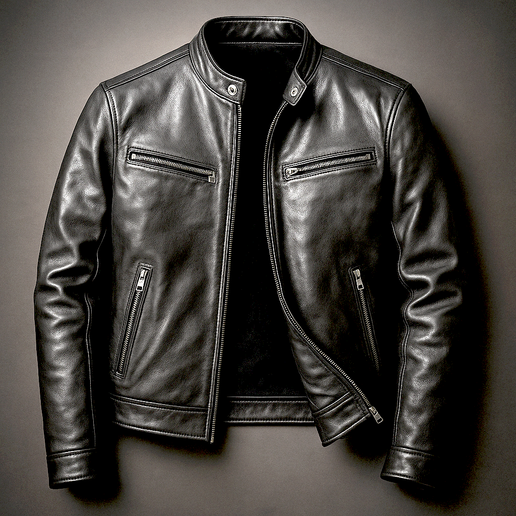 Four Zip Pockets Leather Jacket with Stand Collar