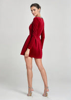Womens velvet mini dress in Red, back view