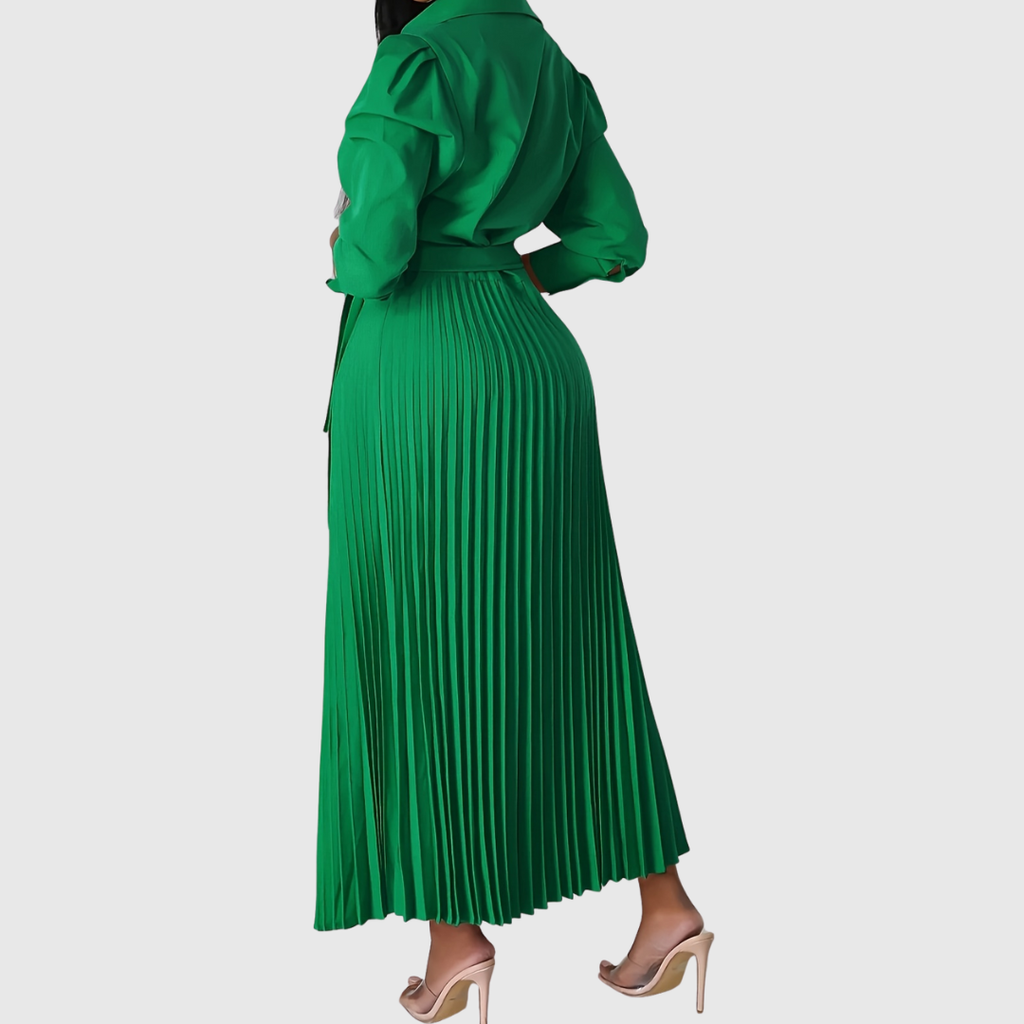Womens wrap dress with pleated maxi skirt in Green, back view