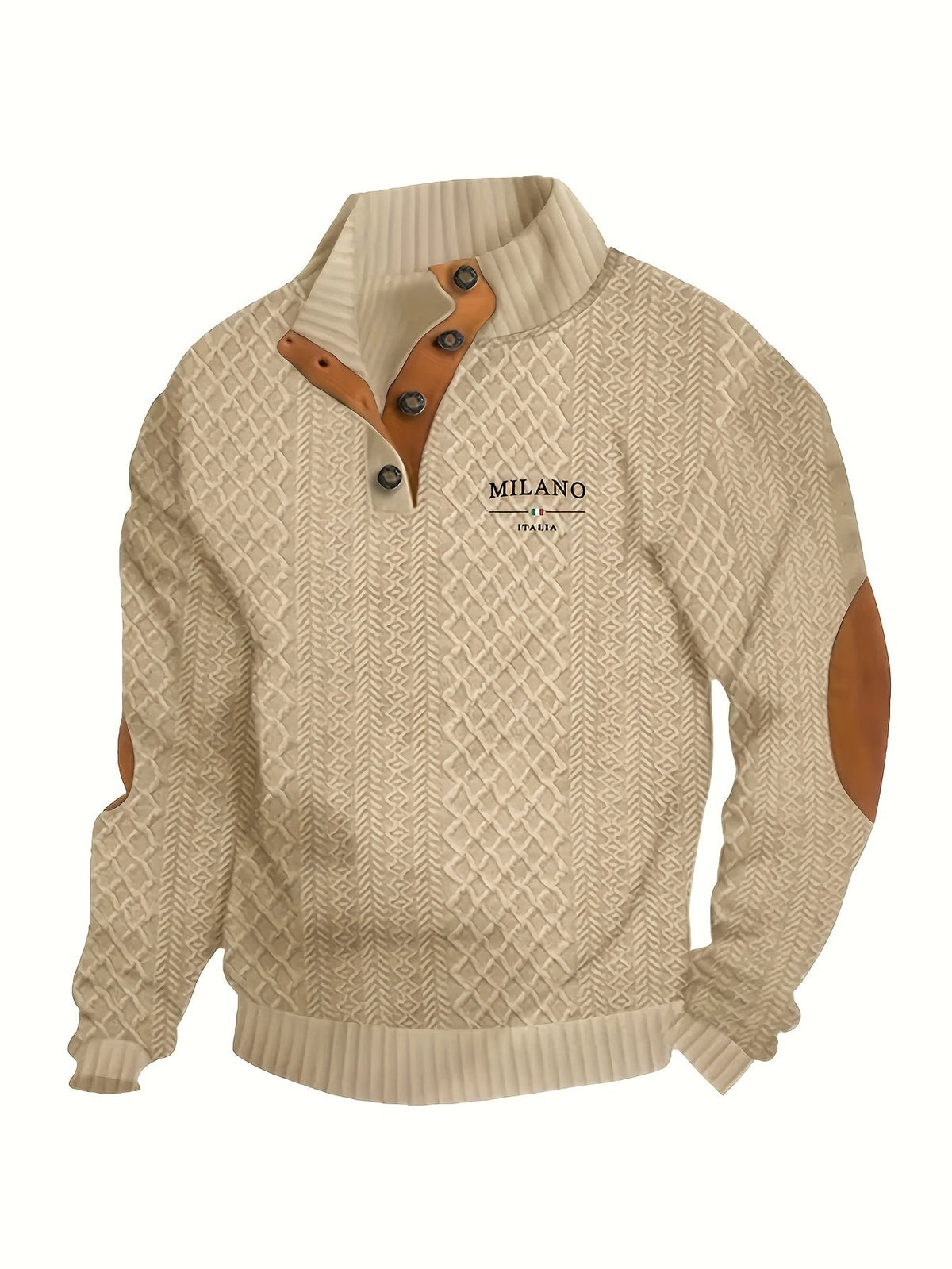 Mens mock neck sweater in Khaki, front view with brown collar trim
