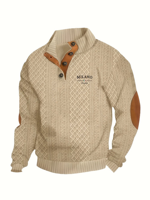 Mens mock neck sweater in Khaki, front view with brown collar trim