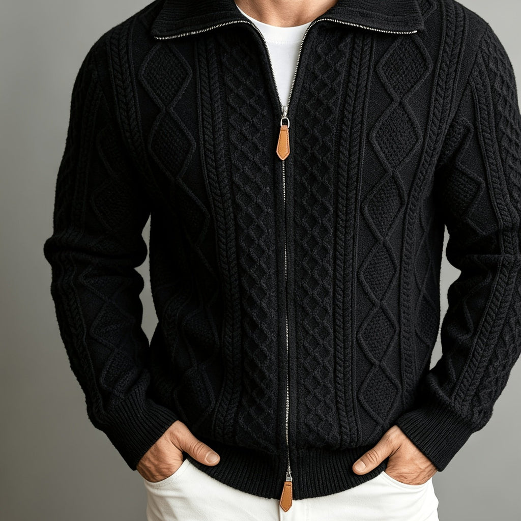 Spread Collar Cable Knit Sweater with Full Zip