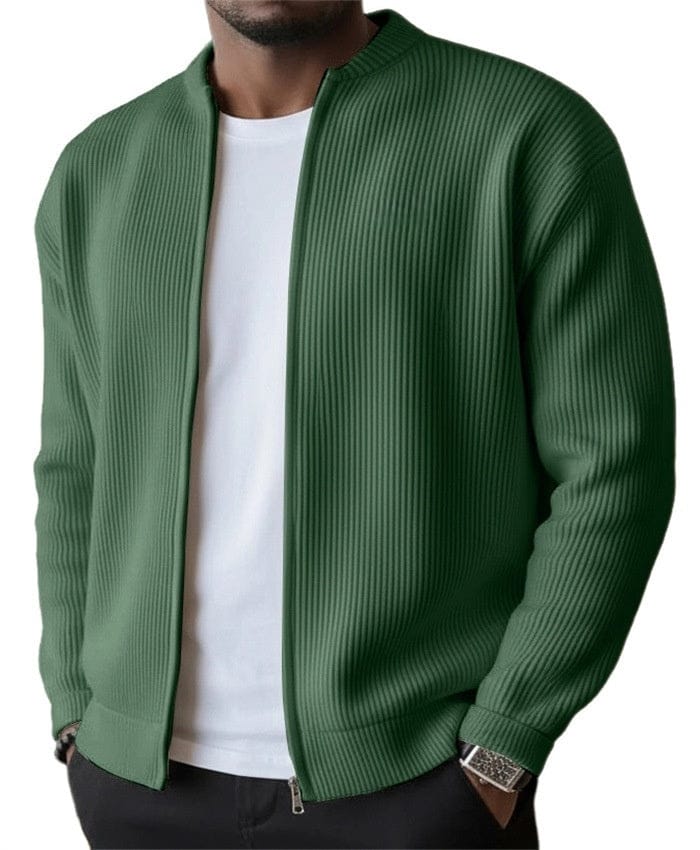 Mens zip up cardigan in rib knit in Green, worn open over a white tee