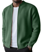 Mens zip up cardigan in rib knit in Green, worn open over a white tee