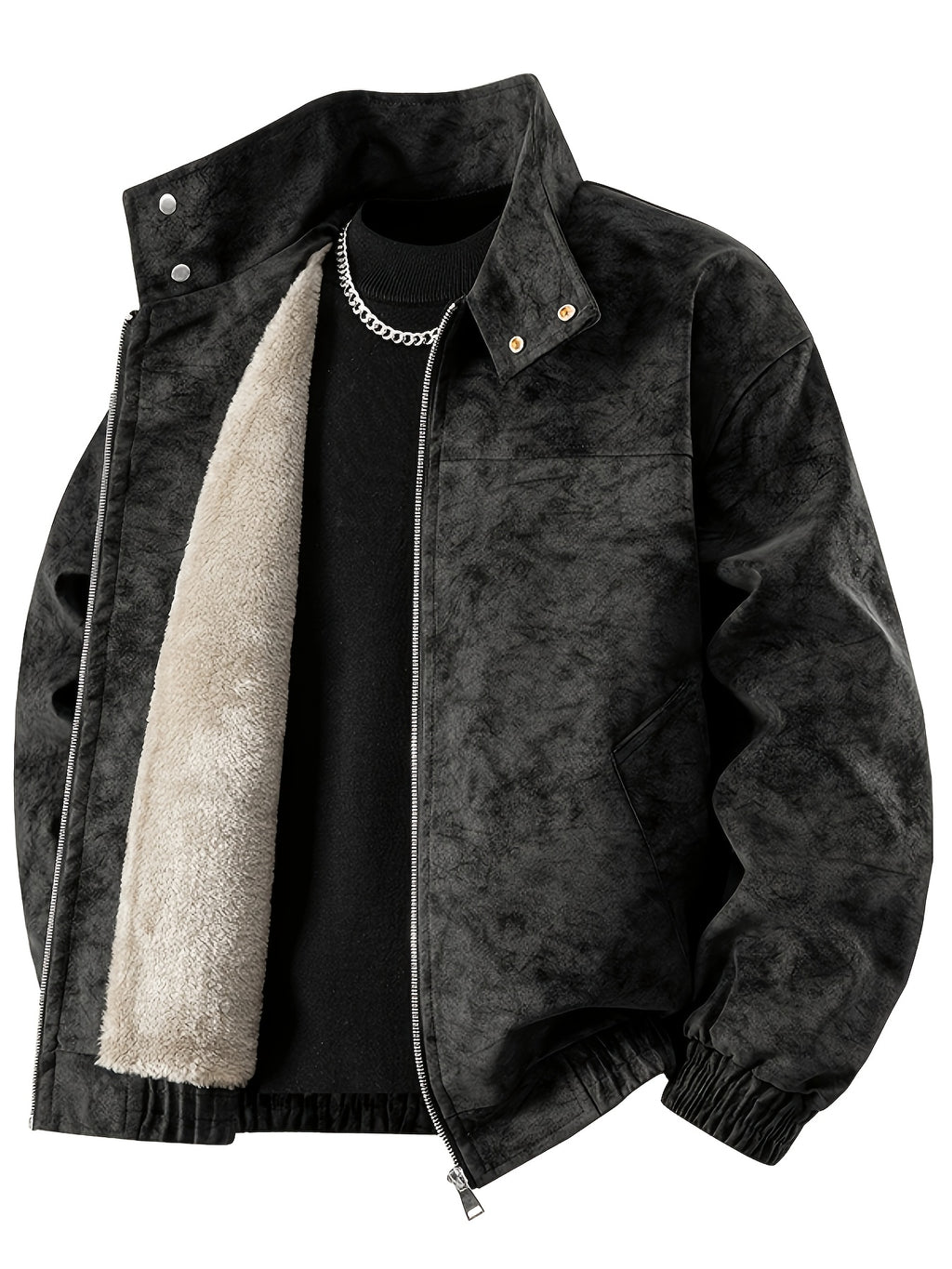 Fleece Lining Suede Work Jacket with Stand Collar