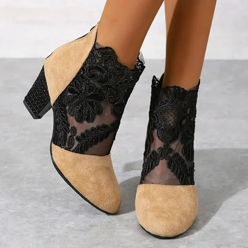 Womens lace booties with block heel in Beige, worn, side view