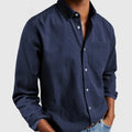 Mens button up shirt in Navy, front view on a model