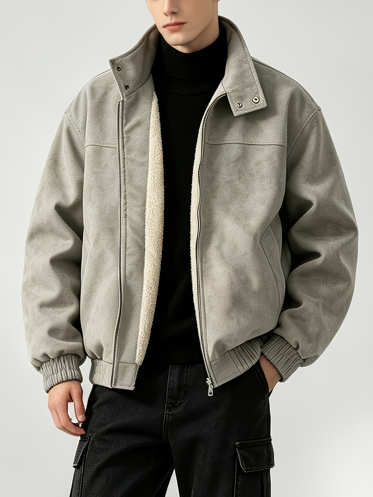 Fleece Lining Suede Work Jacket with Stand Collar