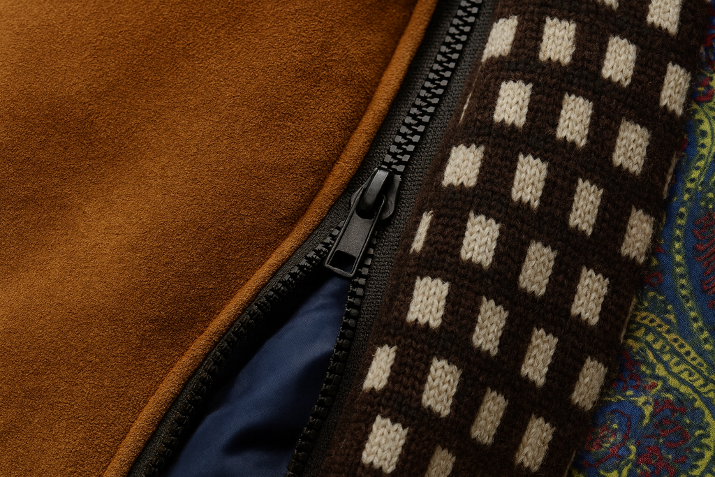 Mens overcoat in Camel, close-up of the check bib and zip