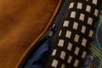 Mens overcoat in Camel, close-up of the check bib and zip