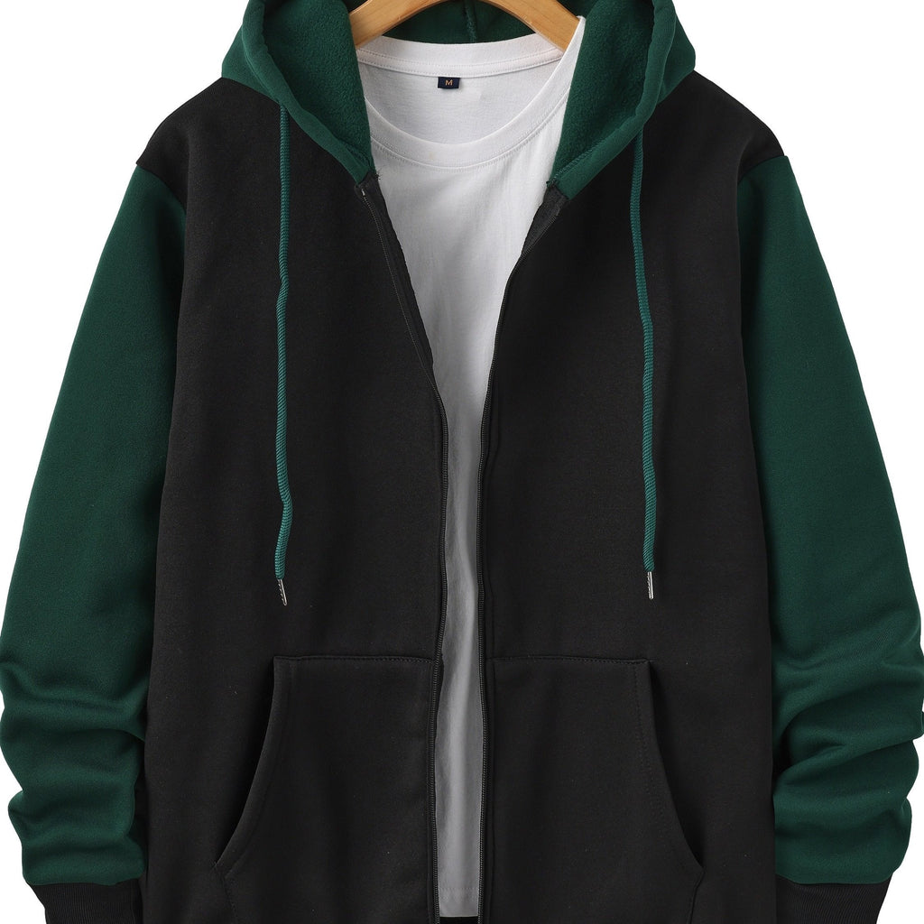 Mens zip up hoodie in Green with black body, worn open over a white tee