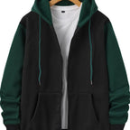 Mens zip up hoodie in Green with black body, worn open over a white tee