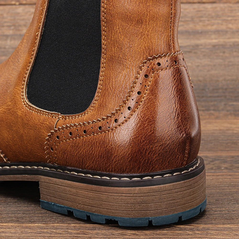 Brogue Detailing Leather Chelsea Boots with Elastic Gusset