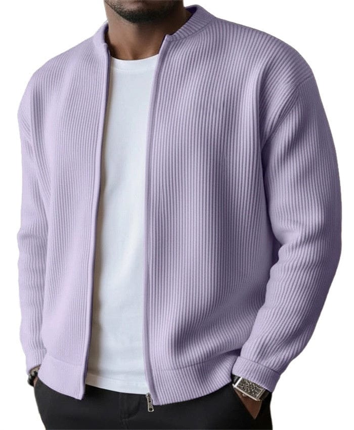 Mens zip up cardigan in rib knit in Purple, worn open over a white tee