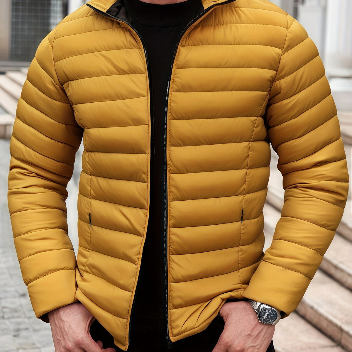 Mustard lightweight Puffer Jacket for Men with Stand Collar