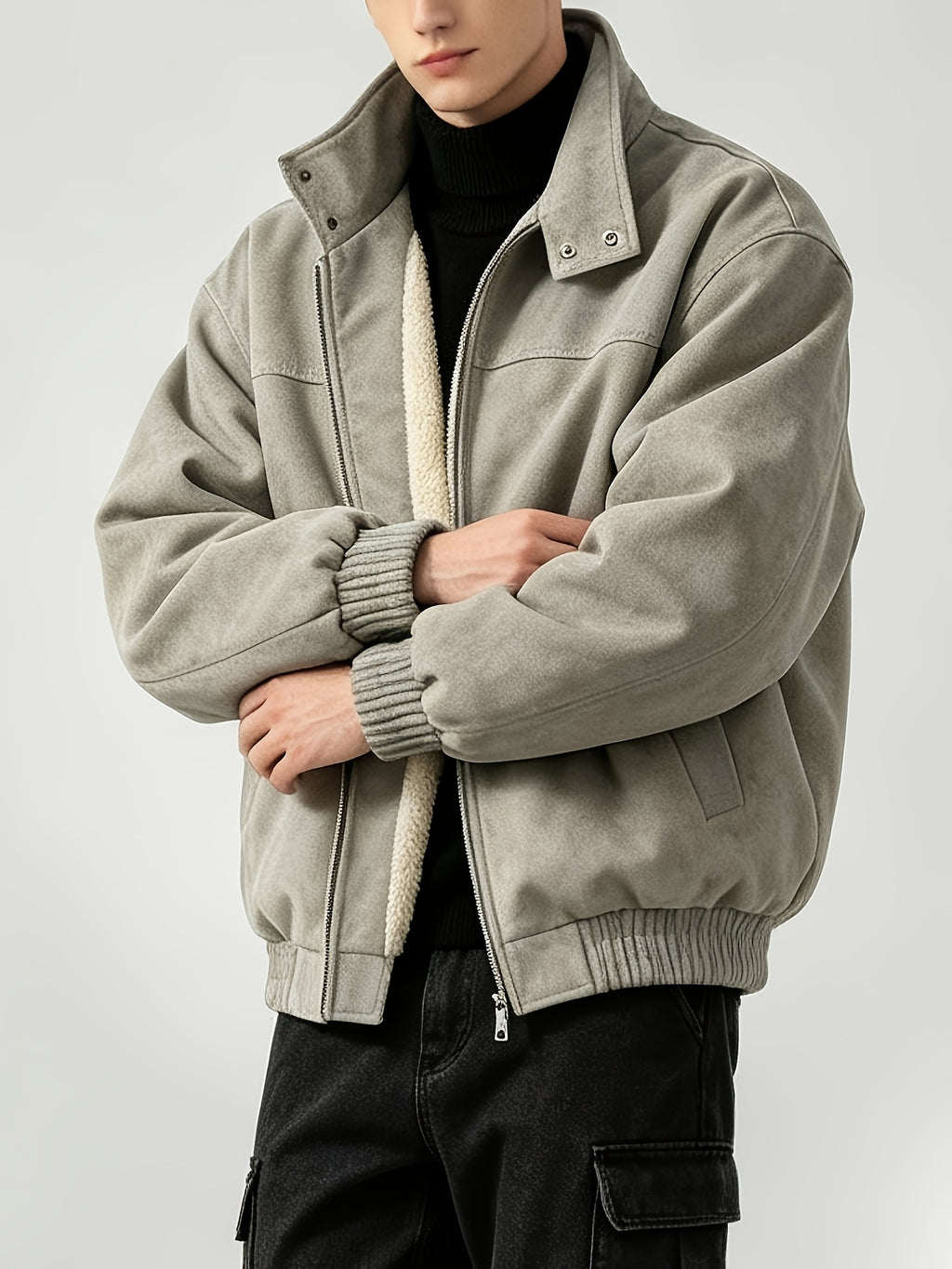 Fleece Lining Suede Work Jacket with Stand Collar