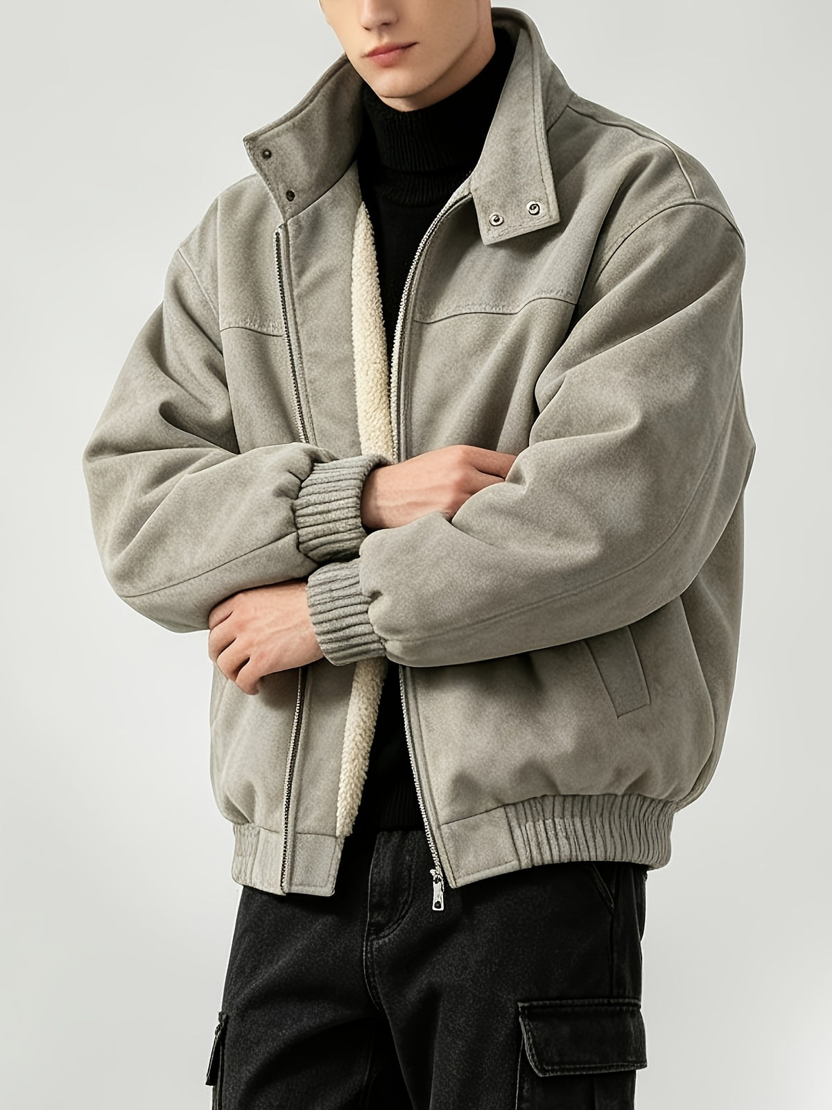 Fleece Lining Suede Work Jacket with Stand Collar