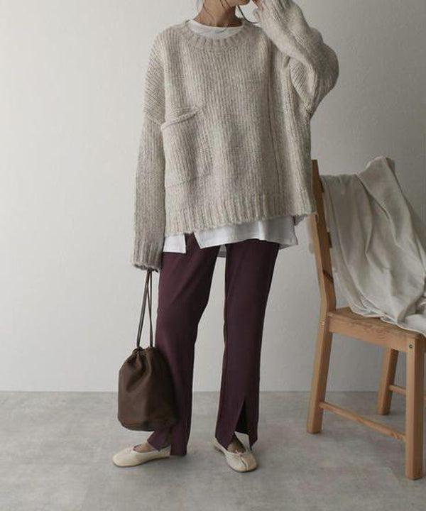Womens chunky knit sweater in Beige, full length front view