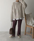 Womens chunky knit sweater in Beige, full length front view