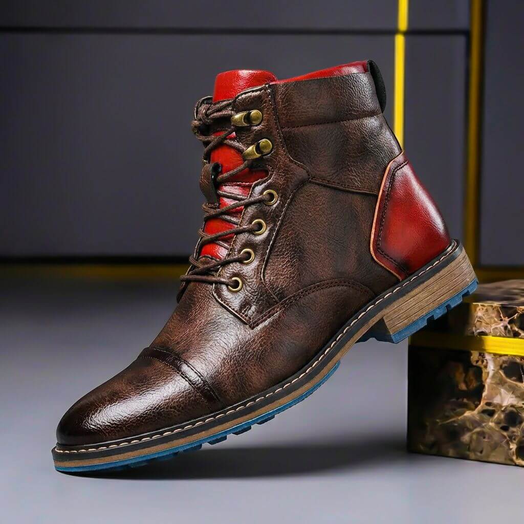 Lace Up Leather Boots with Stacked Heel