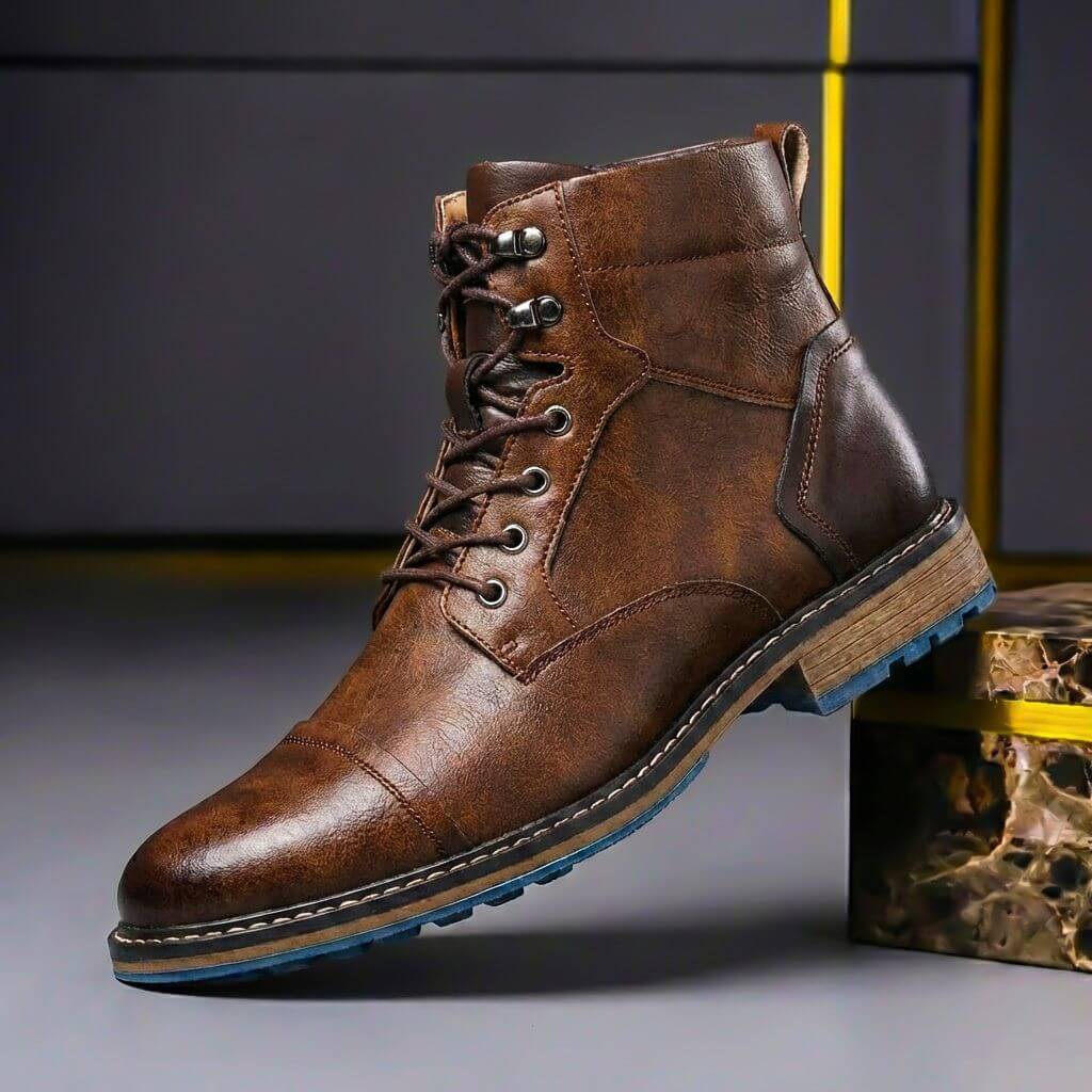 Lace Up Leather Boots with Stacked Heel