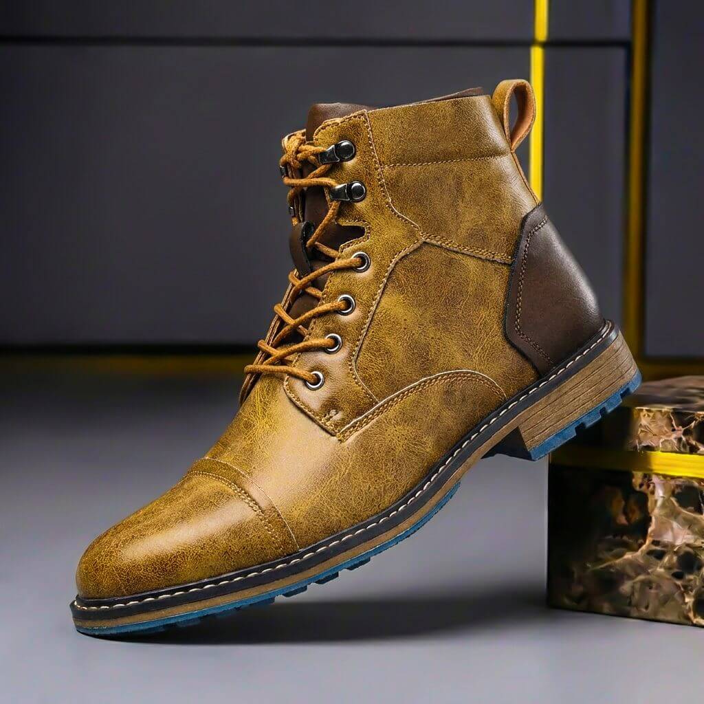 Lace Up Leather Boots with Stacked Heel