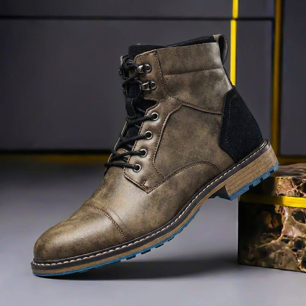 Lace Up Leather Boots with Stacked Heel