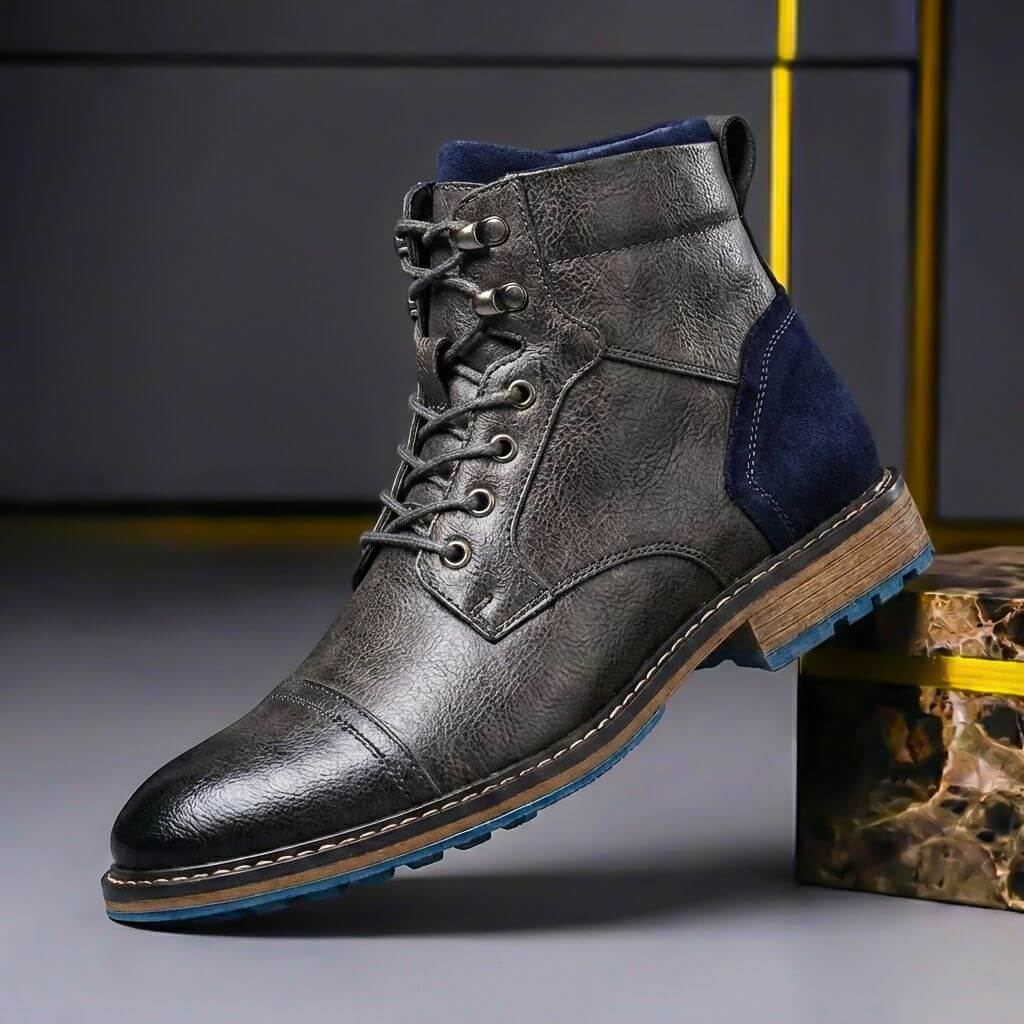 Lace Up Leather Boots with Stacked Heel