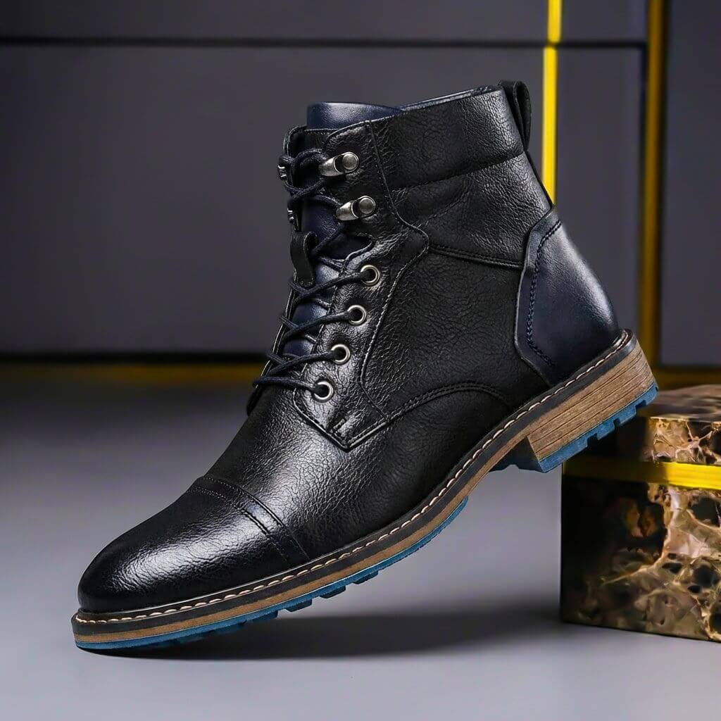 Lace Up Leather Boots with Stacked Heel