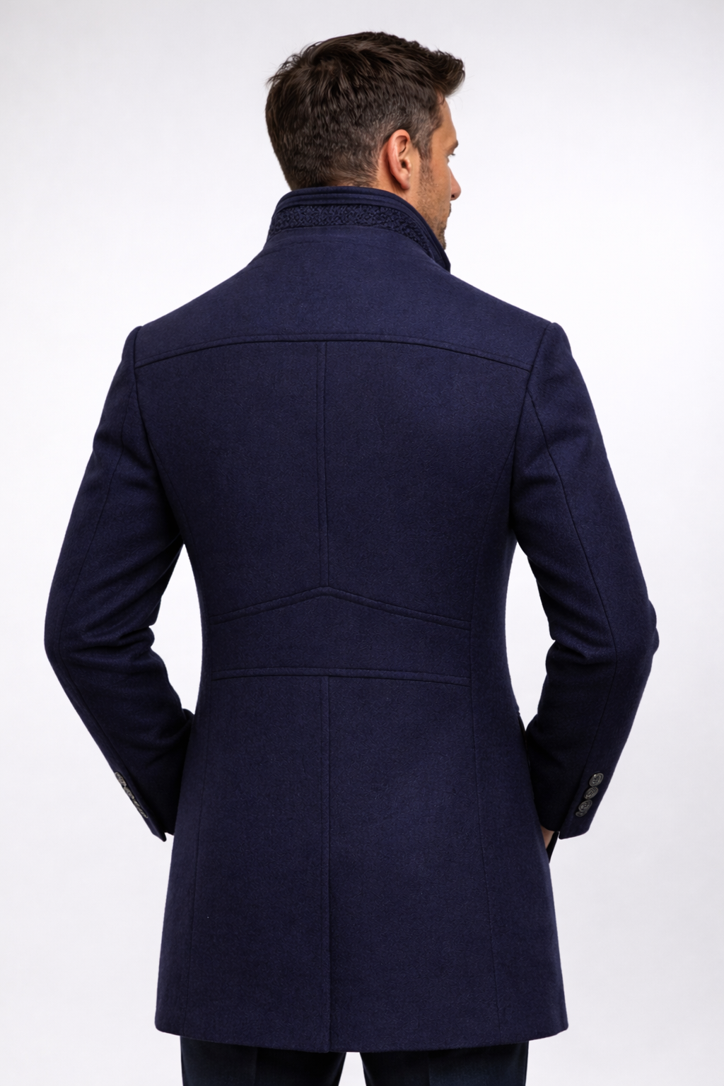 Mens overcoat in Navy, back view on a model