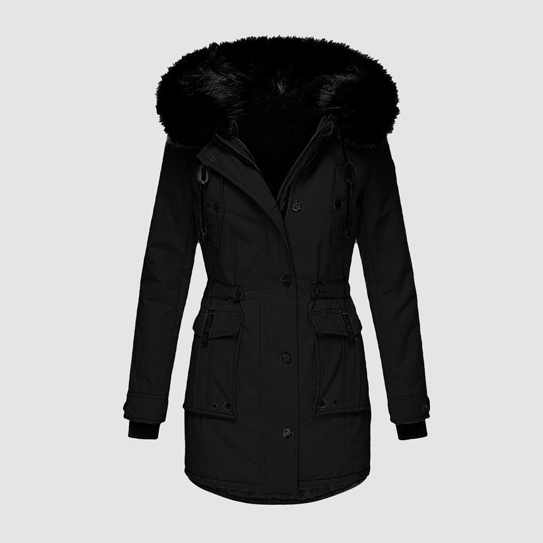 Womens parka with faux fur hood in Black, front view, drawstring waist and flap pockets