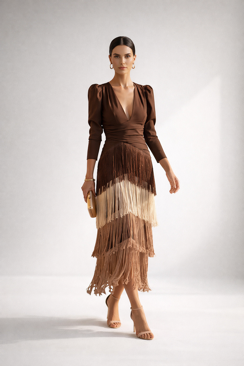 Womens fringe midi dress in Brown with shaded fringe, front view