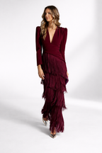 Womens fringe midi dress in Burgundy, three-quarter view
