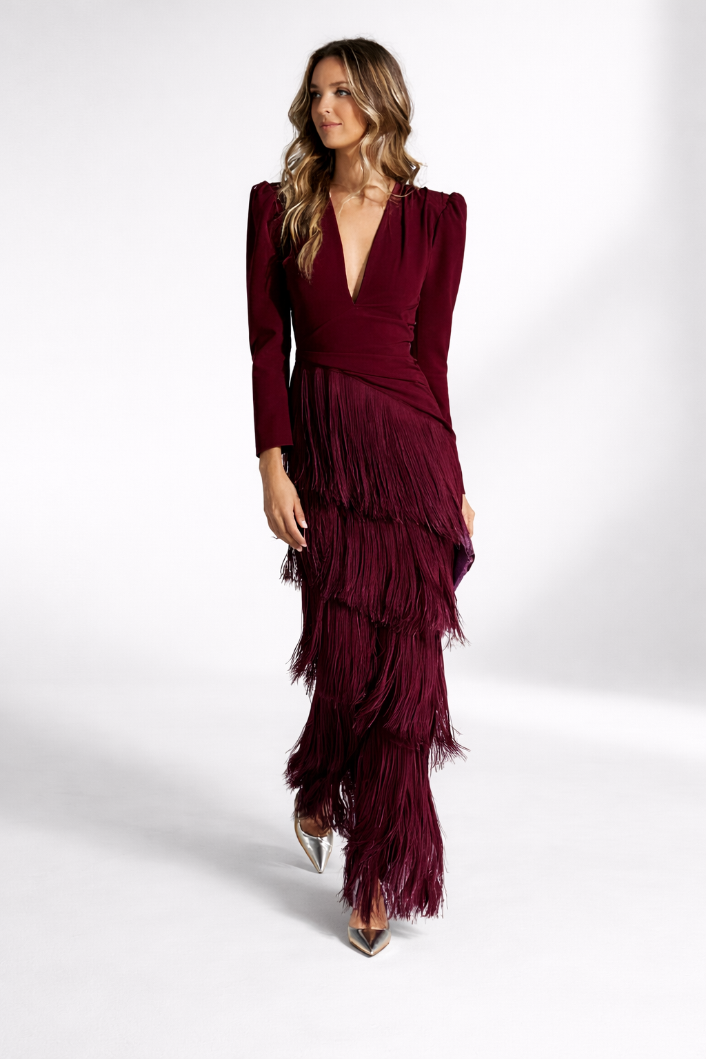 Womens fringe midi dress in Burgundy, three-quarter view