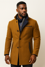 Mens overcoat in Camel, worn by a model, front view