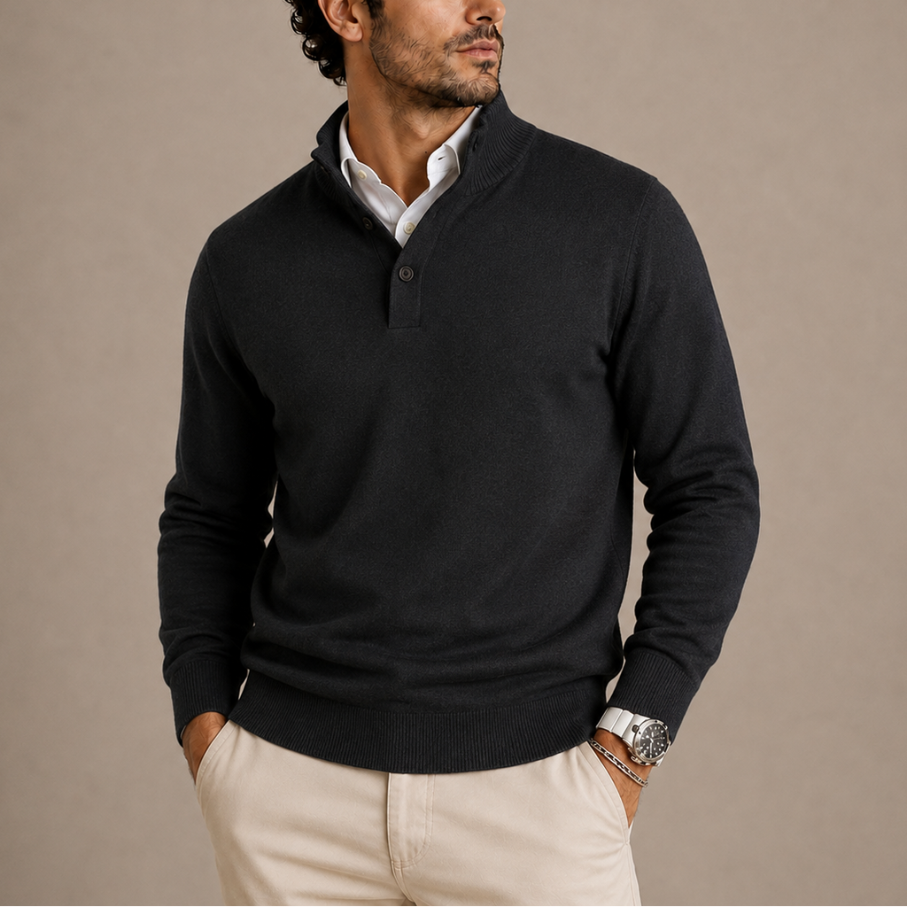 Mens polo sweater in Black, front view over a collared shirt