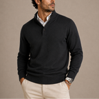 Mens polo sweater in Black, front view over a collared shirt