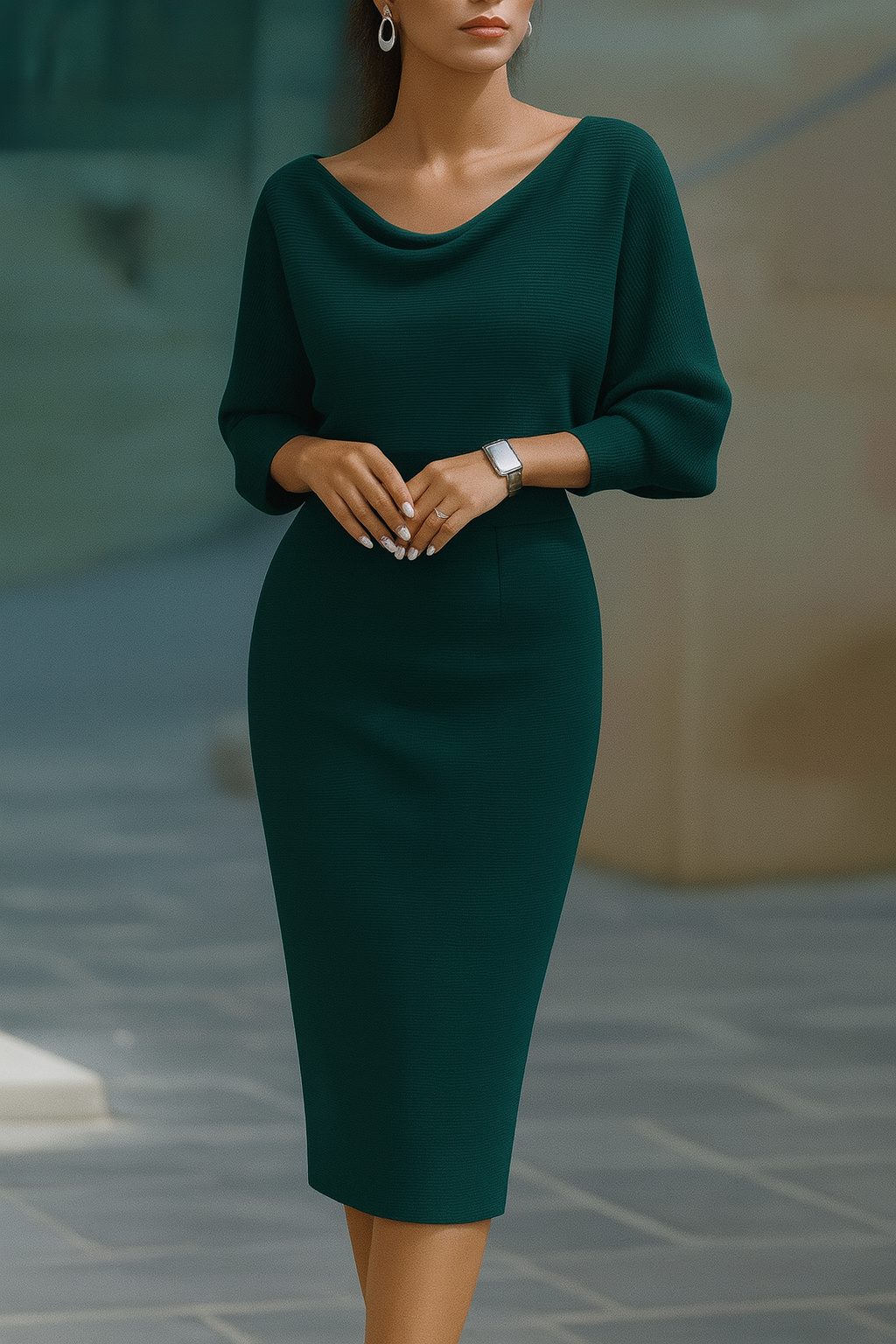 Womens midi sweater dress in Green, cowl neck and batwing sleeves, front view
