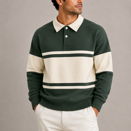 Mens rugby shirt in Green, with cream bands, front view