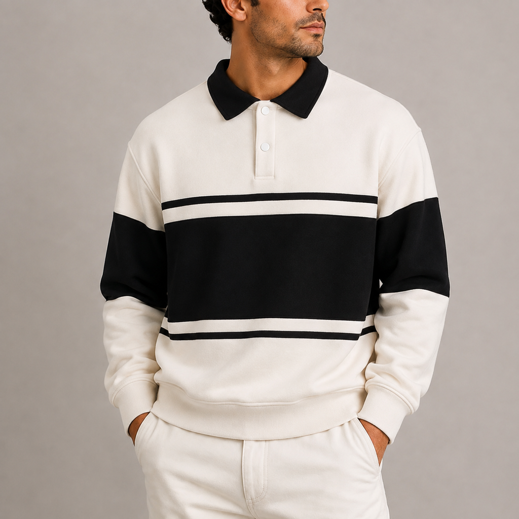 Mens rugby shirt in White, with black bands, front view