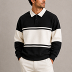 Mens rugby shirt in Black, with cream bands, front view