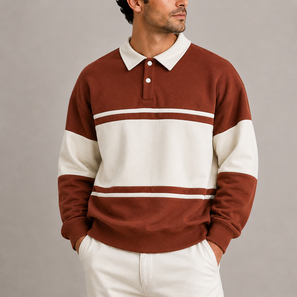 Mens rugby shirt in Brown, with cream bands, front view
