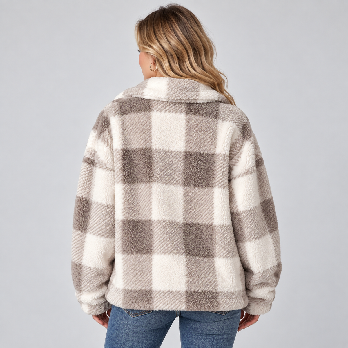 Womens shacket in Gray plaid borg fleece, back view