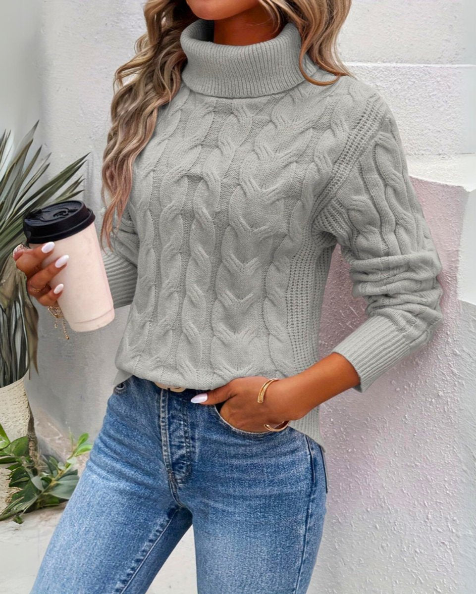 Womens cable knit sweater in Gray with turtleneck, worn with jeans