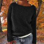 Womens boat neck sweater in Black fine knit, front view