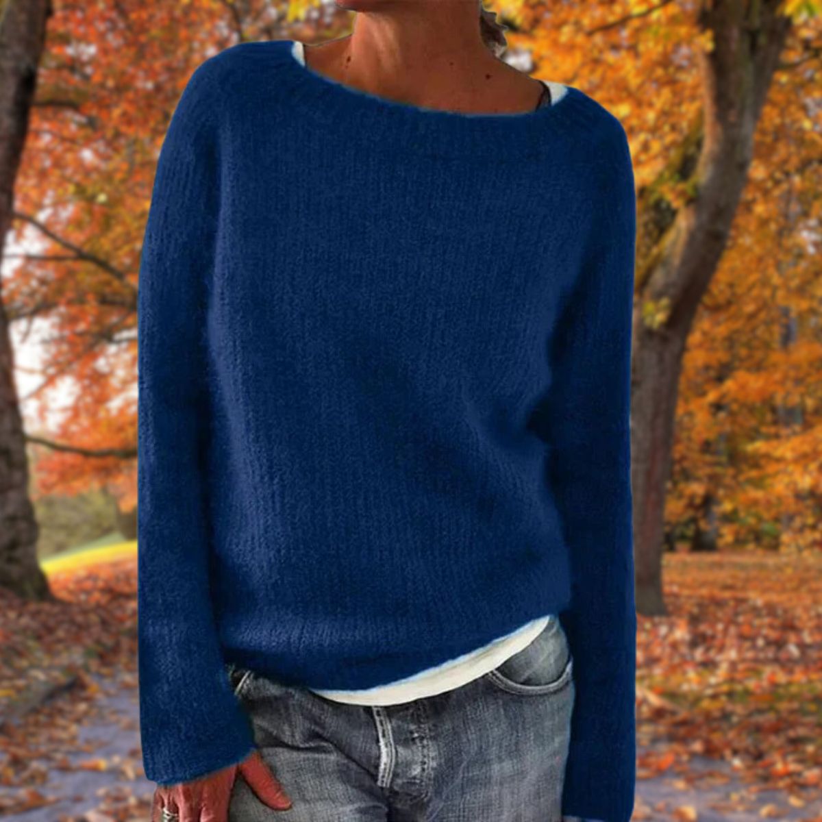 Womens boat neck sweater in Blue fine knit, front view