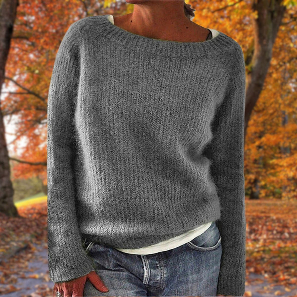 Womens boat neck sweater in Gray fine knit, front view