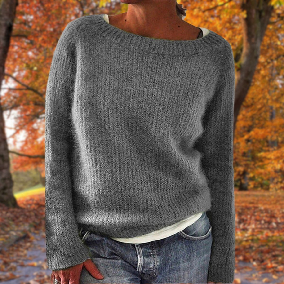 Womens boat neck sweater in Gray fine knit, front view